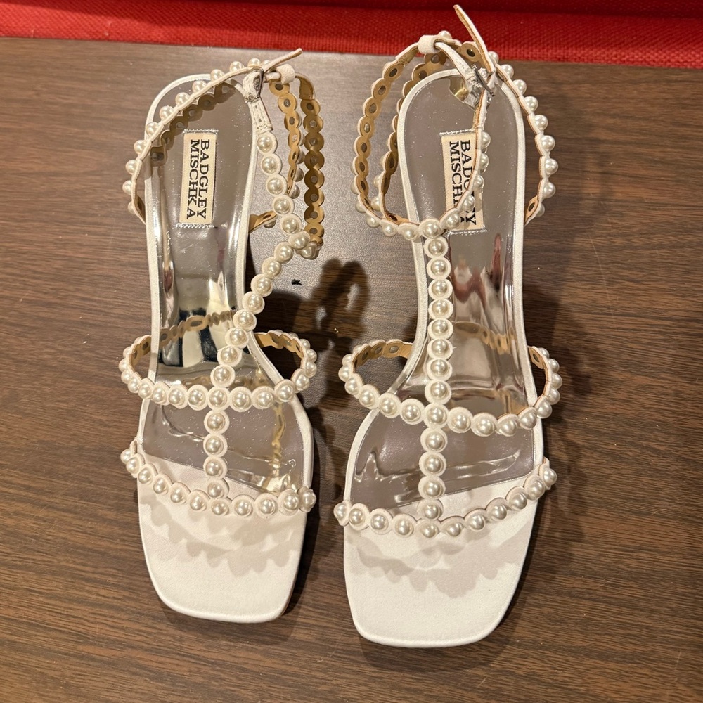 Badgley Mischka Ivory Pearl-Strap Open-Toe Heels